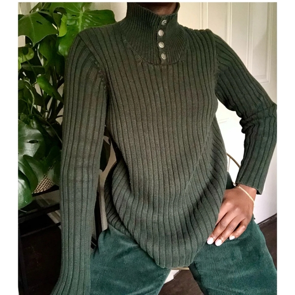 Cute army green cotton knit Lauren Ralph Lauren Button Up Turtle neck sweater M - Picture 2 of 13